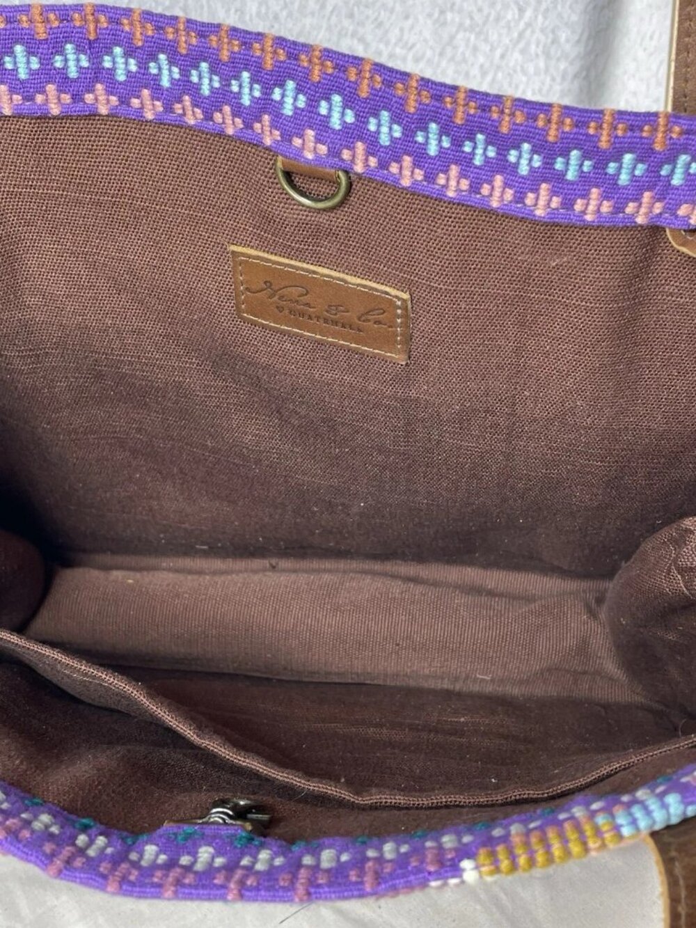 NENA & Co Embroidery Leather Day Shoulder Bag Artisan Guatemalan Zippered Pocket - Picture 4 of 7